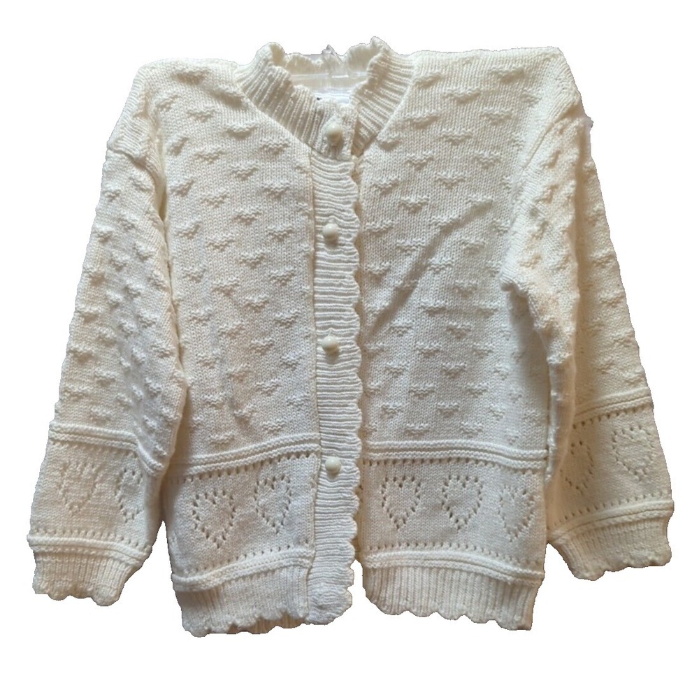 Girl 4T off white button front vintage cardigan heart sweater Hot Fudge USA made
